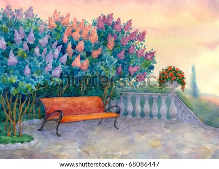 Watercolor landscape. Bench under a flowering lilac in the Spring Park