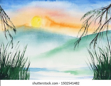 Watercolor landscape blue & green mountain peaks with grass & tree branches in Chinese Ink technique. Sunrise peaceful calm mountains background - relax, restore, meditate. Asian style sumi-e painting