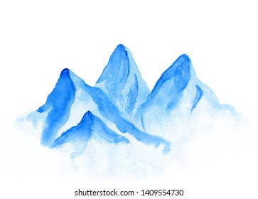 Watercolor Landscape Of Blue Vibrant Mountain Peaks. Peaceful Tranquil Hand Drawn Nature Background For Relaxation, Meditation And Restoration. Paper Arts Hand Sketch. Blue Alps Fine Art.