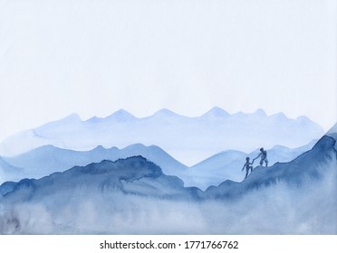 Watercolor landscape with blue vibrant mountains. Peaceful tranquil nature background with layers of rocks for relax, meditation, restore. Two people helping one another in climbing mountains.