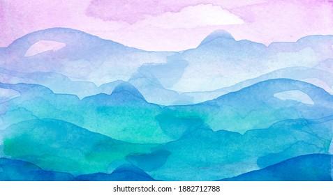 Watercolor Landscape Blue Wave On Sea Stock Illustration 1882712788 ...