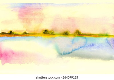 Watercolor landscape. Bright colors of daybreak on the lake. Romance.