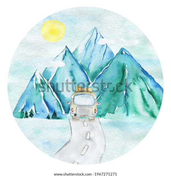 Watercolor\
landscape in a circle, with a sun, mountains and a forest. The car\
is driving on the road. Mountain\
adventure.