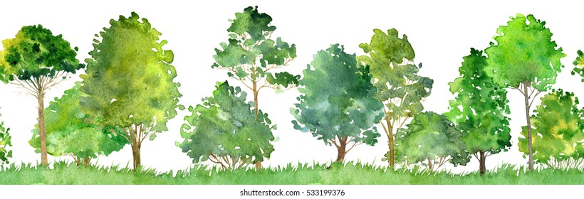 watercolor landscape with deciduous trees,pine, bushes and grass, seamless pattern, abstract nature background, forest border, hand drawn illustration