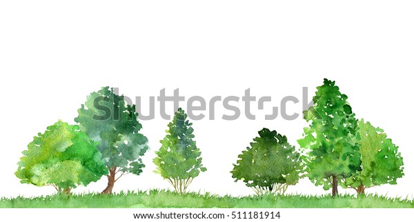 落葉樹 松 茂み 草 抽象的な自然の背景に水彩の風景 森のテンプレート 緑の葉と植物 手描きのイラスト のイラスト素材