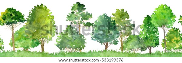 落葉樹 松 茂み 草などの水彩の風景 シームレスな模様 抽象的な自然の背景 森の境界 手描きのイラスト のイラスト素材