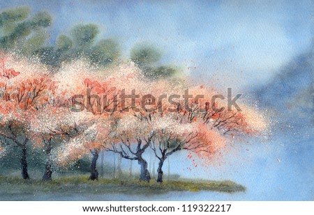 Watercolor landscape. Delicate flowering trees near the river on a misty spring day