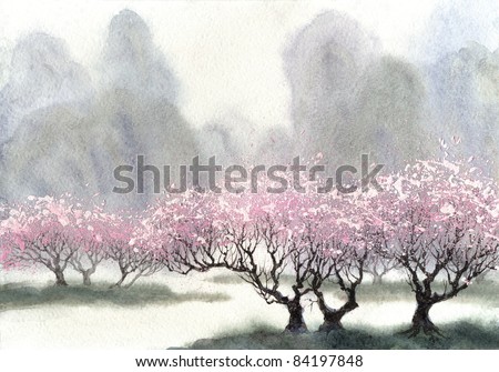 Watercolor landscape. Delicate flowering trees near the river on a misty cool spring day