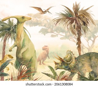 Watercolor landscape: dino world. Hand painted nature view with palms, plants and dinosaurs. Beautiful jurassic period scene