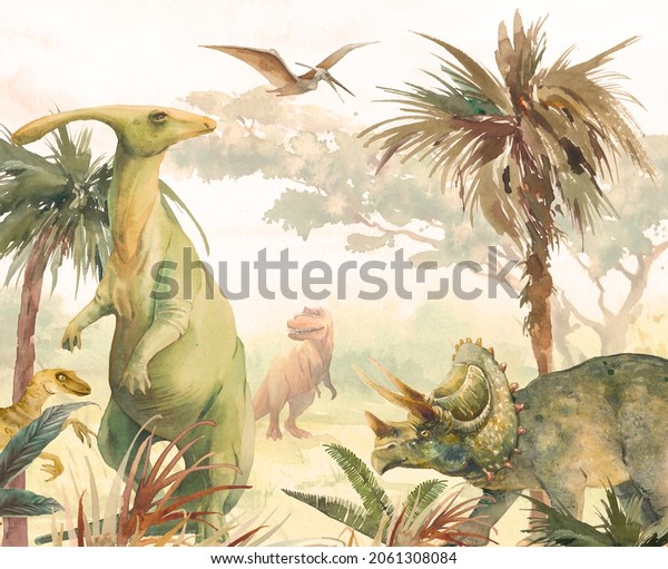 Watercolor landscape wallpaper mural: dino world. Hand painted nature view with palms, plants and dinosaurs. Beautiful Jurassic period scene.