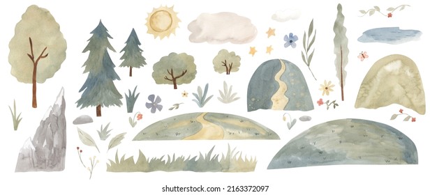 Watercolor Landscape Elements, Mountain, Forest, Sun, Grass. Illustration For Kids