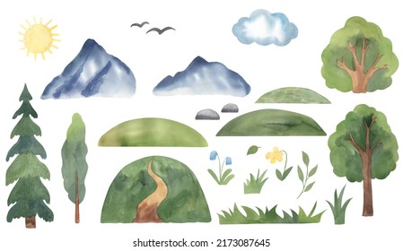 Watercolor Landscape Elements, Sun, Tree, Mountain. Illustration For Kids