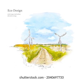 Watercolor landscape of the environmentally friendly planet.Windmill Energy Farm.
Wind Turbines generate electricity in a field on a background of green hills and blue sky.
Renewable energy sources.  - Powered by Shutterstock