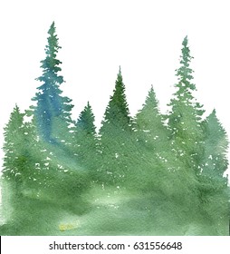 watercolor landscape with fir trees and grass, abstract nature background, coniferous forest template, hand drawn illustration