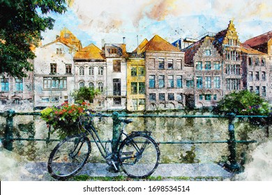 watercolor landscape of Gent or Ghent Belgium,  scenery town on digital painting watercolor paper texture background.