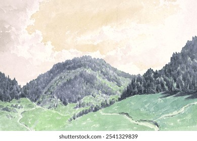 Watercolor landscape of green hills and mountains. Lush green hills, serene mountains, and soft watercolor hues create a peaceful, natural scene. Watercolor textured background wallpaper.  - Powered by Shutterstock