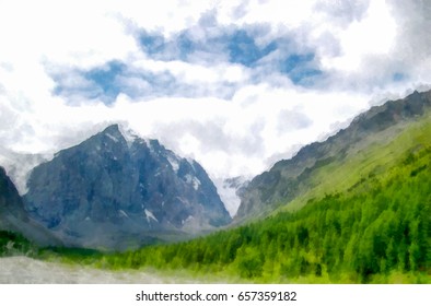 Watercolor landscape of high mountains with peaks covered by snow and clouds at winter season.Photo manipulation.
