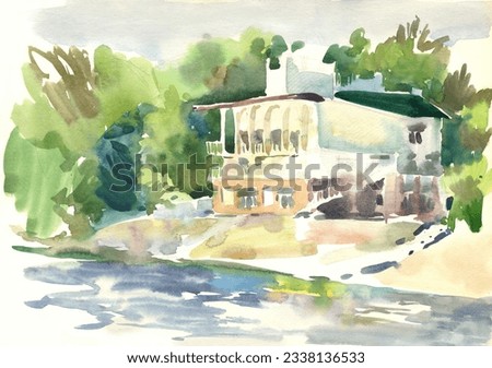 Watercolor landscape, house by the river. On sunny day. Hand drawn painting, drawing, artwork. Bright picture. Illustration suit for cover, wallpaper, print, poster.