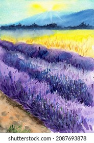 Watercolor Landscape Illustration With Purple Lavender Field In The Foreground And Yellow Wheat Field And Misty Mountains In The Background