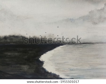 watercolor landscape ink sea island with mountains fog birds flying in the sky. traditional oriental. asia art style.