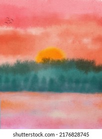 Watercolor landscape of an intense sunset reflected in a lake with trees, the sun and a small flock of birds.