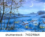 Watercolor landscape. Lighted windows in homes of quiet snowy winter