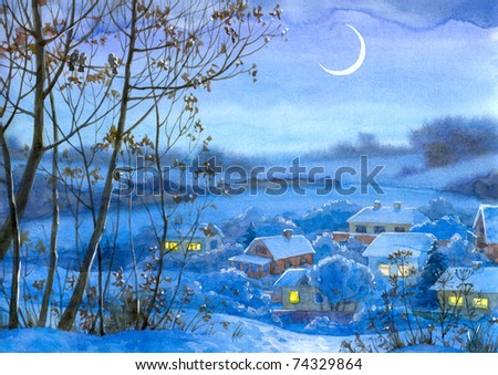 Watercolor landscape. Lighted windows in homes of quiet snowy winter's night
