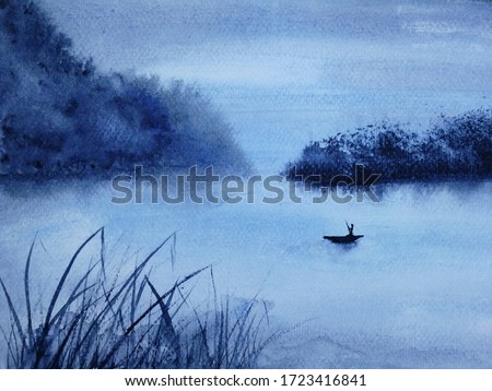  Watercolor landscape the man fishing on the lake cover fog and mountain. asia art painting