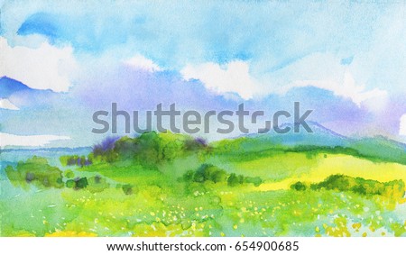 Watercolor landscape with mountains, blue sky, clouds, green glade with dandelion. Hand drawn nature european background. Painting countryside illustration 
