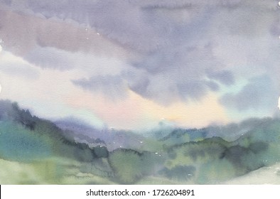 Watercolor landscape with mountains and clouds. Fine art painting