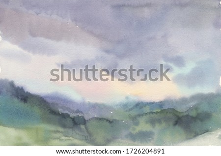 Watercolor landscape with mountains and clouds. Fine art painting