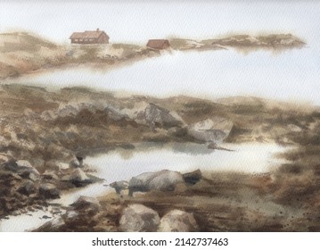 Watercolor Landscape. Norway. Traditional House On A Rocky Shore.