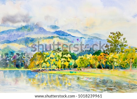 Watercolor landscape original painting colorful of family fitness by ride bicycle,jogging in public park with nature autumn season and emotion sky cloud background. Painted Impressionist illustration