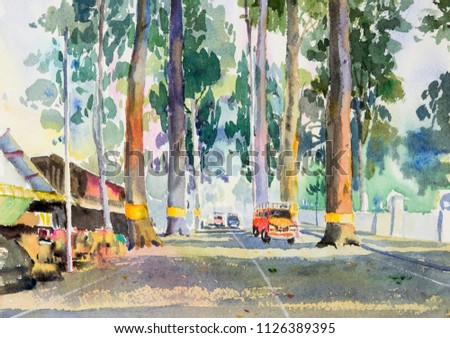 Watercolor landscape original painting colorful of Tunnel trees and car on street countryside and emotion in rural society, nature beauty background. Hand painted illustration in chiang mai Thailand.