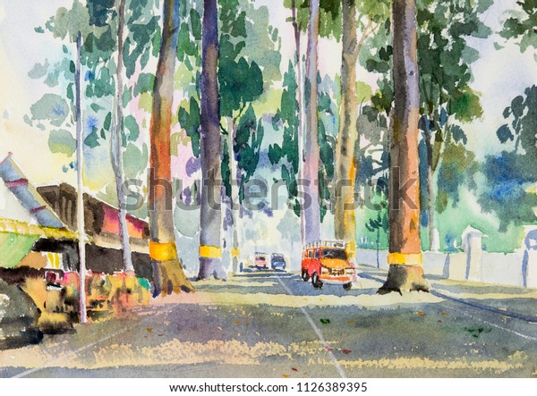 Watercolor landscape original painting colorful\
of Tunnel trees and car on street countryside and emotion in rural\
society, nature beauty background. Hand painted illustration in\
chiang mai\
Thailand.