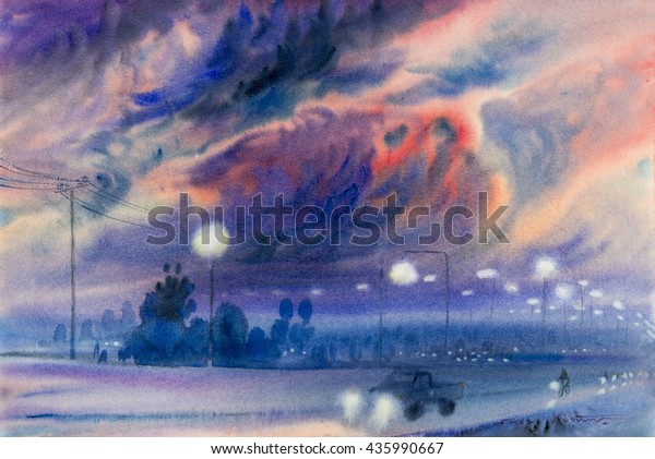 Watercolor landscape original painting colorful\
of cloud in the sky and emotion\
