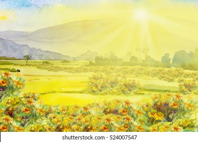 Watercolor Landscape Original Painting On Paper Colorful Of Daisy Wildflower And  Cornfield In The Sun, Morning With Sky View  Sunlight And Cloud  Background, Beauty Nature Winter Season,Painted 