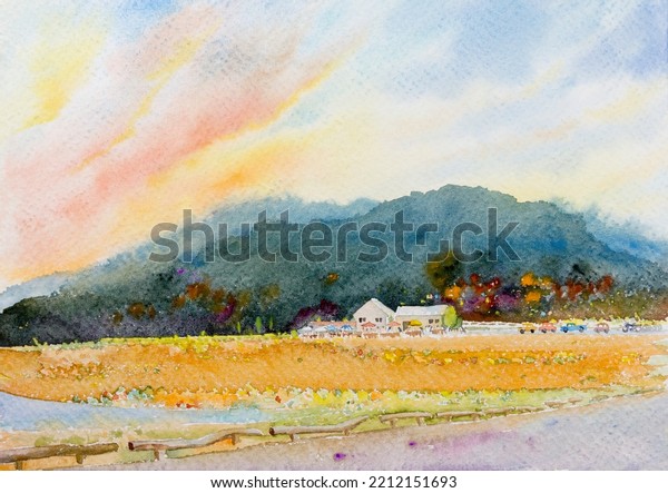 Watercolor landscape original painting on paper colorful\
of travel Village and resort flower, tree, field farm in mountain\
with sky background. Hand painted illustration beauty nature autumn\
season. 