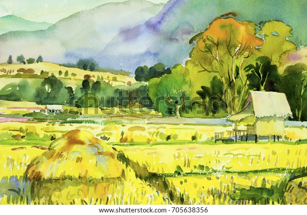 朝の村と田を彩る紙に水彩景色を描き 空の背景に手描きのイラスト風景タイの美しい冬の季節 のイラスト素材