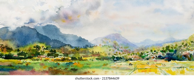 Watercolor landscape original paintings on paper colorful of Village cottage, rice field, farmer farm with mountain and sky, cloud background. Hand painted beauty nature autumn season in Thailand.