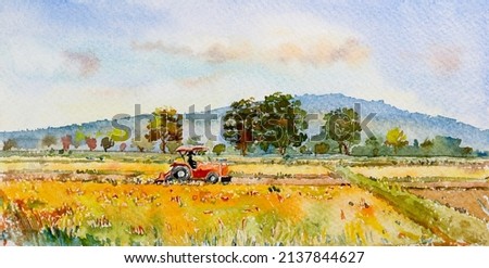 Watercolor landscape original paintings on paper colorful of rice field, farmer farm tractor with mountain and sky, cloud background. Hand painted beautiful nature spring season in Thailand.