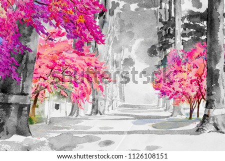 Watercolor landscape painting black and white of Tunnel trees with pink cherry blossom, street view emotion in rural society, nature beauty background. Hand painted semi abstract illustration in Asia.