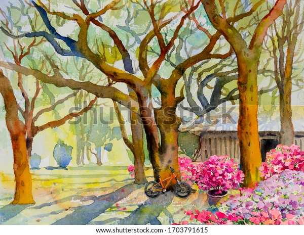 自然の春の美しい春の季節に 自然の美しい庭木と森の背景にピンクの花を描いた水彩風景画 ペイントされた印象派 イラトスの抽象的画像 のイラスト素材