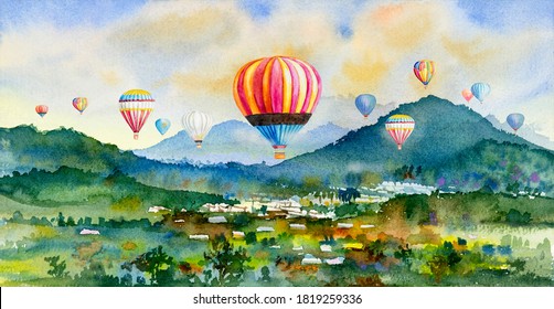 Watercolor landscape painting colorful of hot air balloon on village, mountain in the Panorama view and rural society, nature spring in sky background. Hand painted abstract illustration in Asia.
