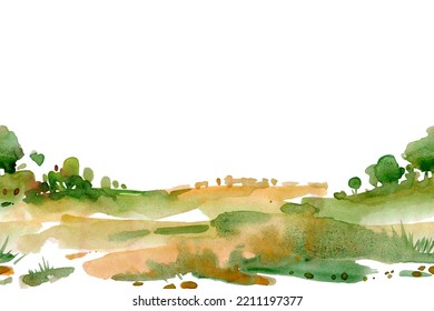 Watercolor Landscape Painting Colorful Of Mountain Meadow With Road In The Panorama View And Emotion Rural Society, Nature Beauty White Background. Hand Painted Semi Abstract Illustration.