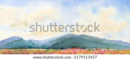 Watercolor landscape painting colorful of mountain range with farm cornfield in Panorama view and emotion rural society, nature beauty sky background. Hand painted abstract illustration in Asia.
