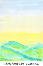 Watercolor landscape painting of fresh green hills in early Summer, with sunny lemon yellow and blue sky. Hand drawn using transparent watercolor paint on paper.