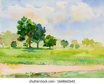 Watercolor landscape painting panorama colorful of natural beauty flowers tree and mountain forest with sky cloud  background in nature spring season. Painted impressionist, illustration image