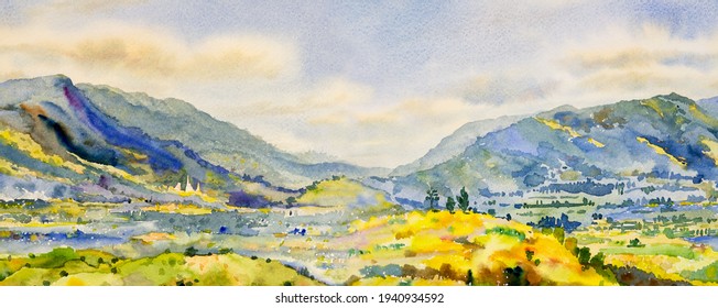 Watercolor landscape painting panorama colorful of mountain natural beauty tree and farm field meadow, forest with sky cloud background in nature autumn seasonal. Painted impressionist illustration.