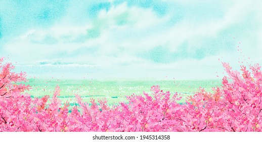 Watercolor landscape painting panorama colorful of cherry blossom tree, natural beauty with copy space sky cloud background in nature spring season. Painted impressionist, illustration image - Powered by Shutterstock